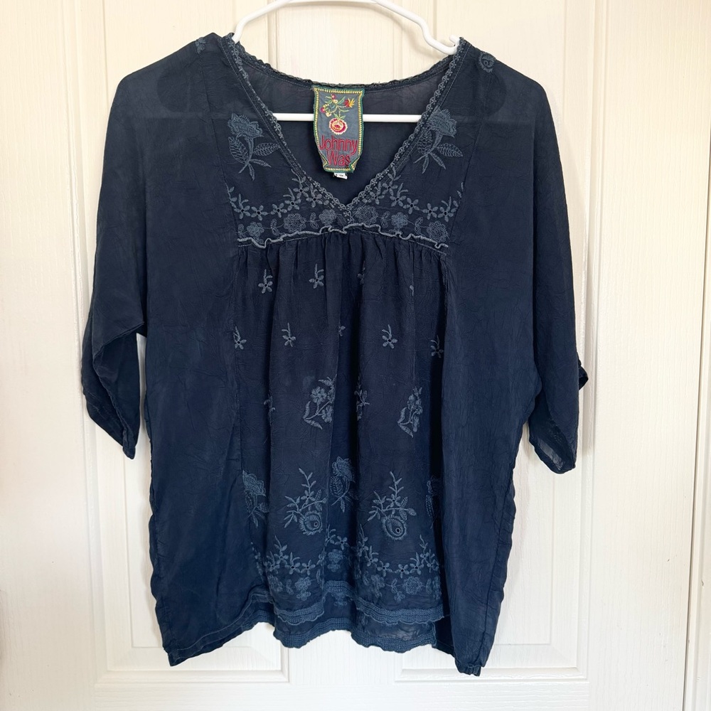 Johnny Was Navy Blue Embroidered Short Sleeve Top